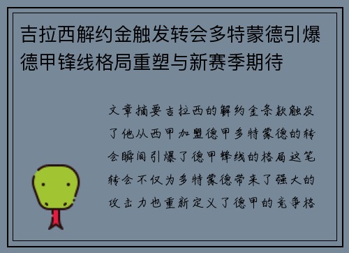 吉拉西解约金触发转会多特蒙德引爆德甲锋线格局重塑与新赛季期待